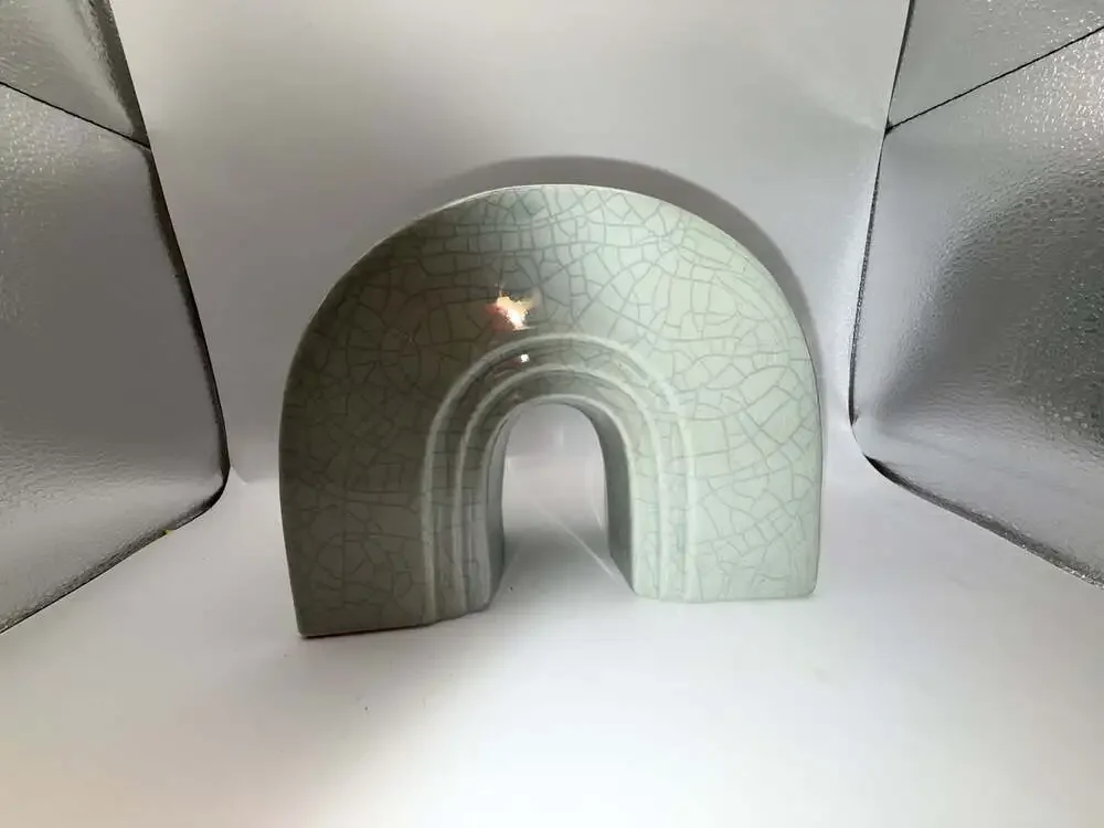 Vintage Celadon Crackle Glaze Ceramic Arch Vase or Sculptural Planter